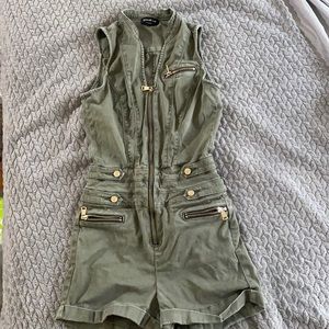 Bebe size 26 Jumper shorts One piece olive green and gold  fitted sexy Outfit